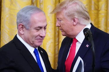 President Trump and Israel’s PM Netanyahu take part in an announcement of Trump’s Middle East peace plan in the East Room of the White House in Washington, DC on January 28, 2020. (AFP)