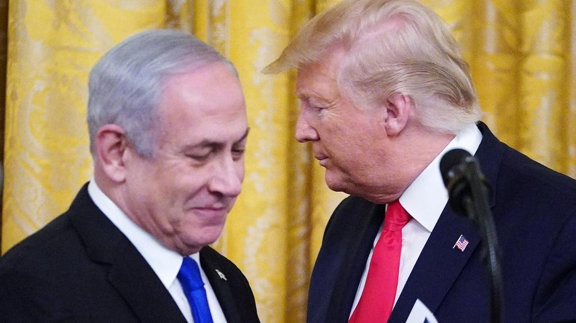 President Trump and Israel’s PM Netanyahu take part in an announcement of Trump’s Middle East peace plan in the East Room of the White House in Washington, DC on January 28, 2020. (AFP)