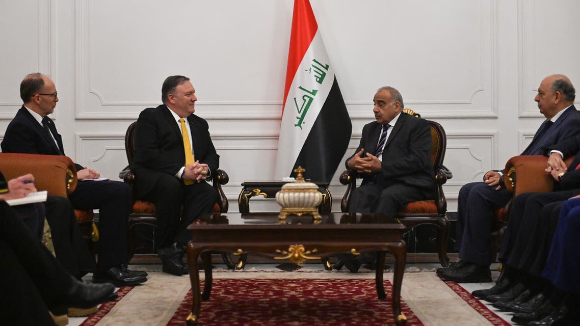 US Secretary of State Mike Pompeo (L) talks with Iraqi Prime Minister Adil Abdul-Mahdi (R) in Baghdad, during a Middle East tour, on January 9, 2019. The eight-day tour comes weeks after the US President announced that the United States would quickly pull its 2,000 soldiers out of Syria, declaring that IS -- also known as ISIS -- had been defeated.