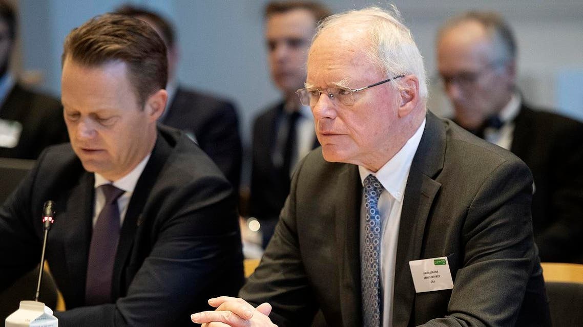 US Special Envoy James Jeffrey (R) and Denmark’s FM Jeppe Kofoed (L) attend a meeting of the Global Coalition against ISIS at the Foreign Ministry in Copenhagen, on January 29, 2020. (AFP)