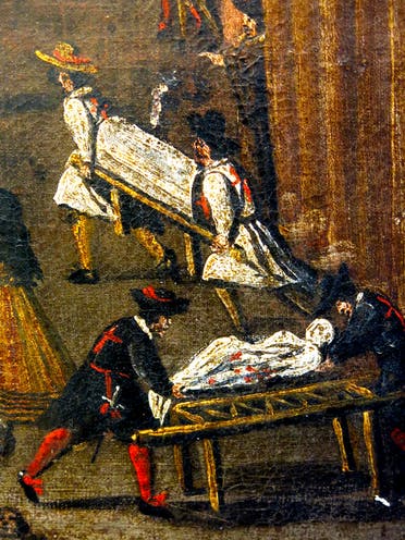جانب من إحدى اللوحات التي جسدت عمليات نقل جثث الموتى من الطرقات خلال الطاعون الذي هز إيطاليا