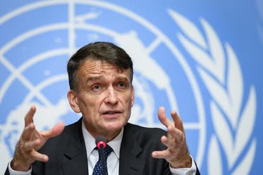 United Nations Relief and Works Agency for Palestine Refugees in the Near East (UNRWA) Acting Commissioner-General Christian Saunders attends a press conference at the United Nations offices in Geneva, on January 31, 2020. (AFP)