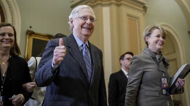 WASHINGTON, DC - JANUARY 31: Senate Majority Leader Mitch McConnell (R-KY) gives the thumbs up as he leaves the Senate chamber after adjourning for the night during the impeachment trial of U.S. President Donald Trump at the U.S. Capitol on January 31, 2020 in Washington, DC. The Senate voted on Friday to block the consideration of additional witnesses and documents, in a 49-51 tally. A final Drew Angerer/Getty Images/AFP