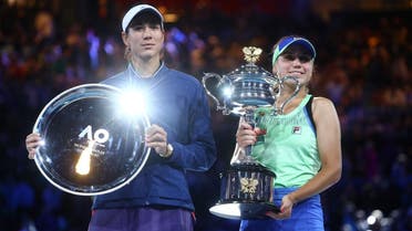 Sofia Kenin (right) of the US and Spain’s Garbine Muguruza pose with the trophies after their Australian Open Women’s Singles Final in, Melbourne, Australia, on February 1, 2020. (Reuters)
