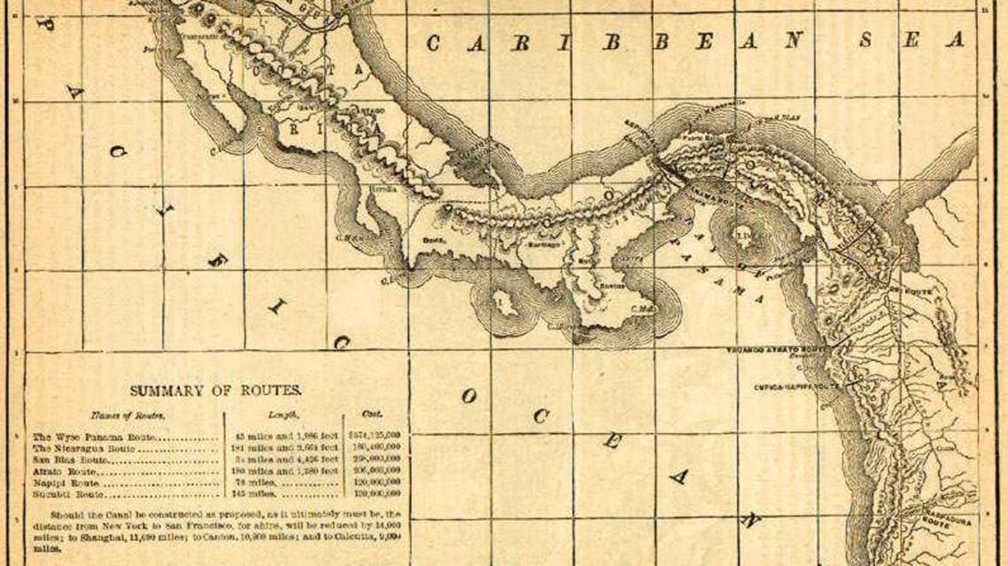 خريطة بنما ويظهر فيها خط السكك الحديدية الذي استخدم لنقل الذهب عبر البرزخ