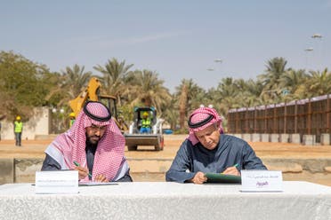 Prince Badr bin Abdullah bin Farhan Al Saud (left), chairman of Riyadh’s Media City project pictured with Abdul Rahman bin Hamad Al Rashed, chairman of the editorial board of the Al Arabiya Network pictured (right). (Supplied)
