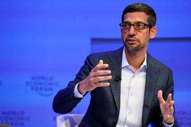 Sundar Pichai, Chief Executive Officer of Alphabet, gestures as he speaks during a session of the 50th World Economic Forum (WEF) annual meeting in Davos, Switzerland, on January 22, 2020. (Reuters)