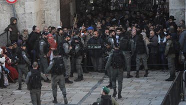  Israeli border police blocks exit of the Old City's Damascus gate ahead of a protest against Middle East peace plan announced Tuesday by US President Donald Trump, which strongly favors Israel, in Jerusalem, Wednesday, Jan 29, 2020. (AP Photo/Mahmoud Illean)
