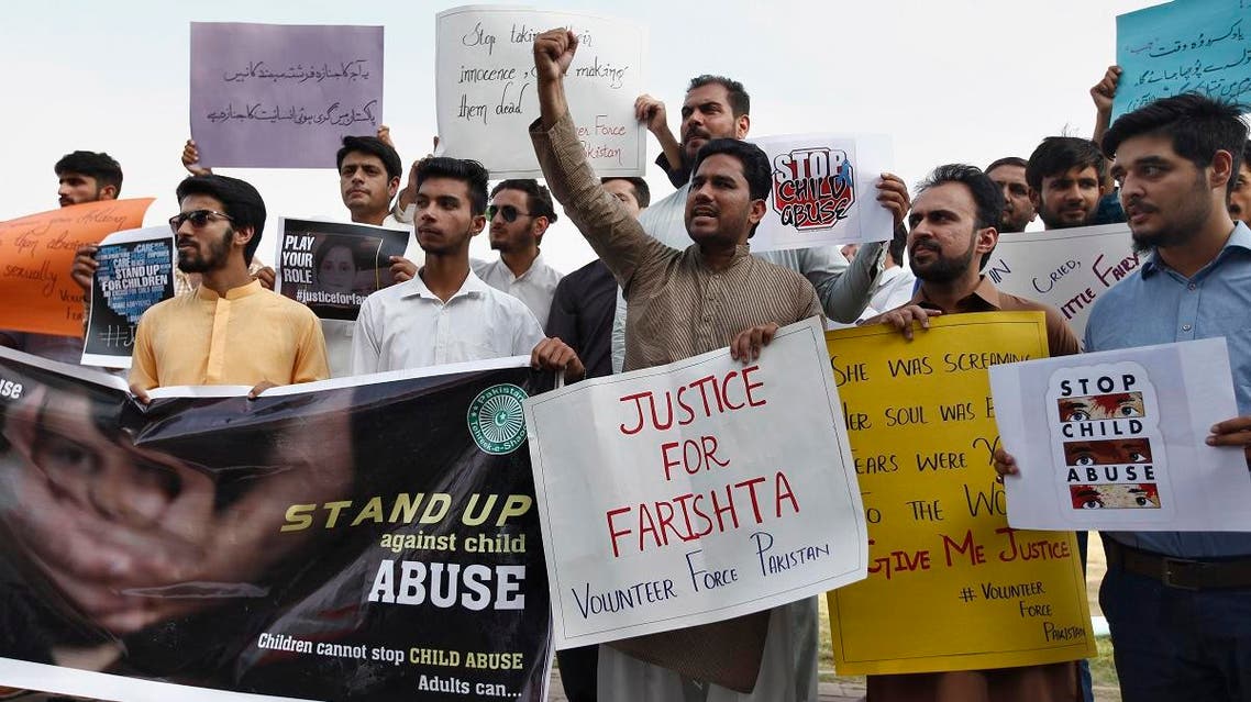 Members of a civil society group, Volunteer Force Pakistan, hold a demonstration to condemn the rape and killing of a girl, in Islamabad, Pakistan, Wednesday, May 22, 2019. (AP)