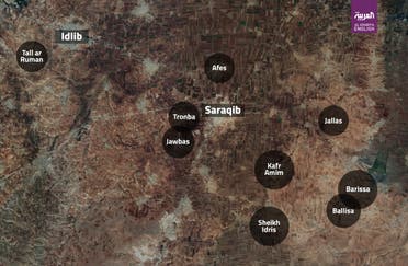 Map shows regime-held towns sourrounding the strategic town of Saraqib in rebel-held Idlib province. (Al Arabiya)