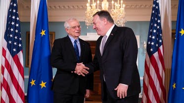 US Secretary of State Mike Pompeo shakes hands with European Union High Representative for Foreign Affairs and Security Josep Borrell. (AP)