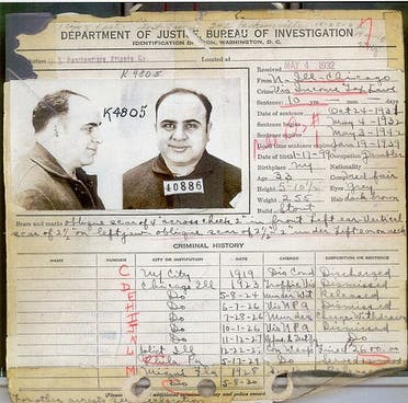صورة لجانب من السجل الإجرامي لآل كابوني لدى مكتب التحقييقات الفيدرالي