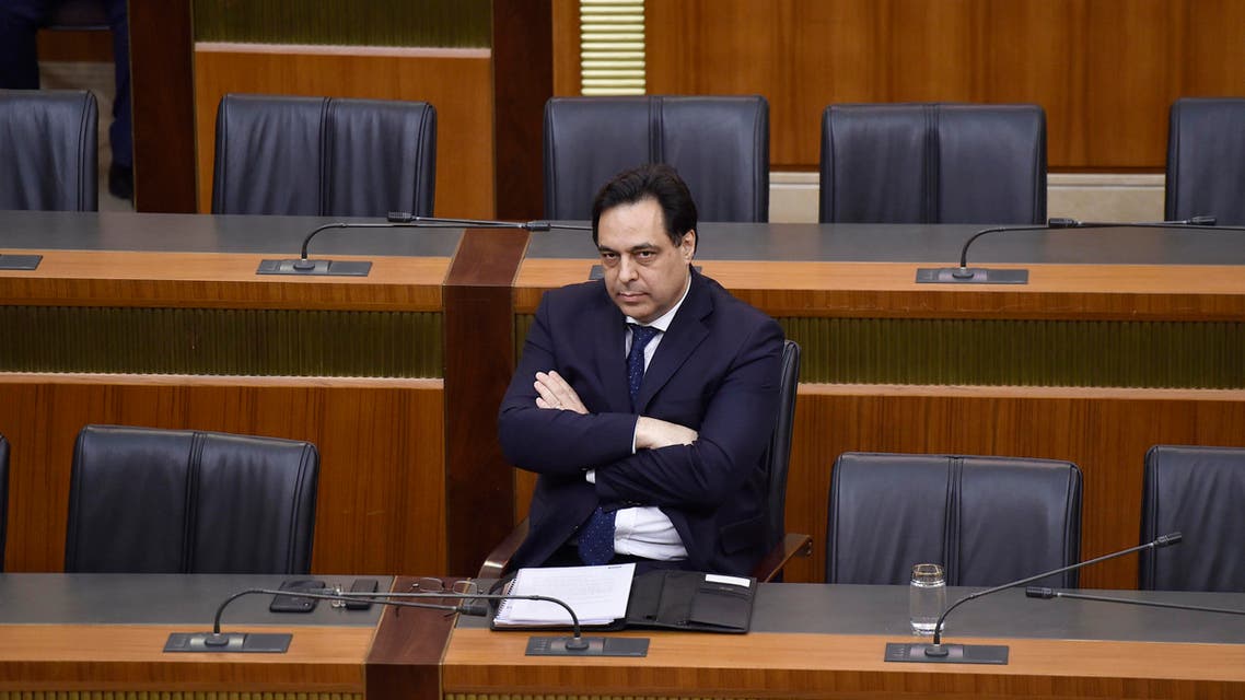 In this photo released by the Lebanese Parliament media office, Lebanese Prime Minister Hassan Diab attends the 2020 discussion budget session at the parliament, in Beirut, Lebanon, Monday, Jan. 27, 2020. (AP)