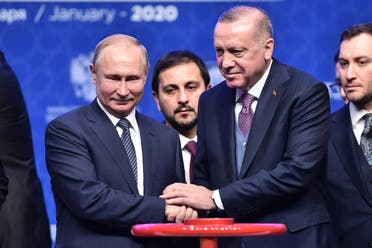 Erdogan and Putin at completion of Turkstream pipeline, Janaury 8, 2020 (AFP)