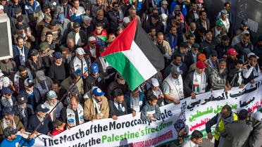 Moroccans wave the Palestinian flag during a demonstration against the US Middle East peace plan in the capital Rabat on February 9, 2020. (AFP)