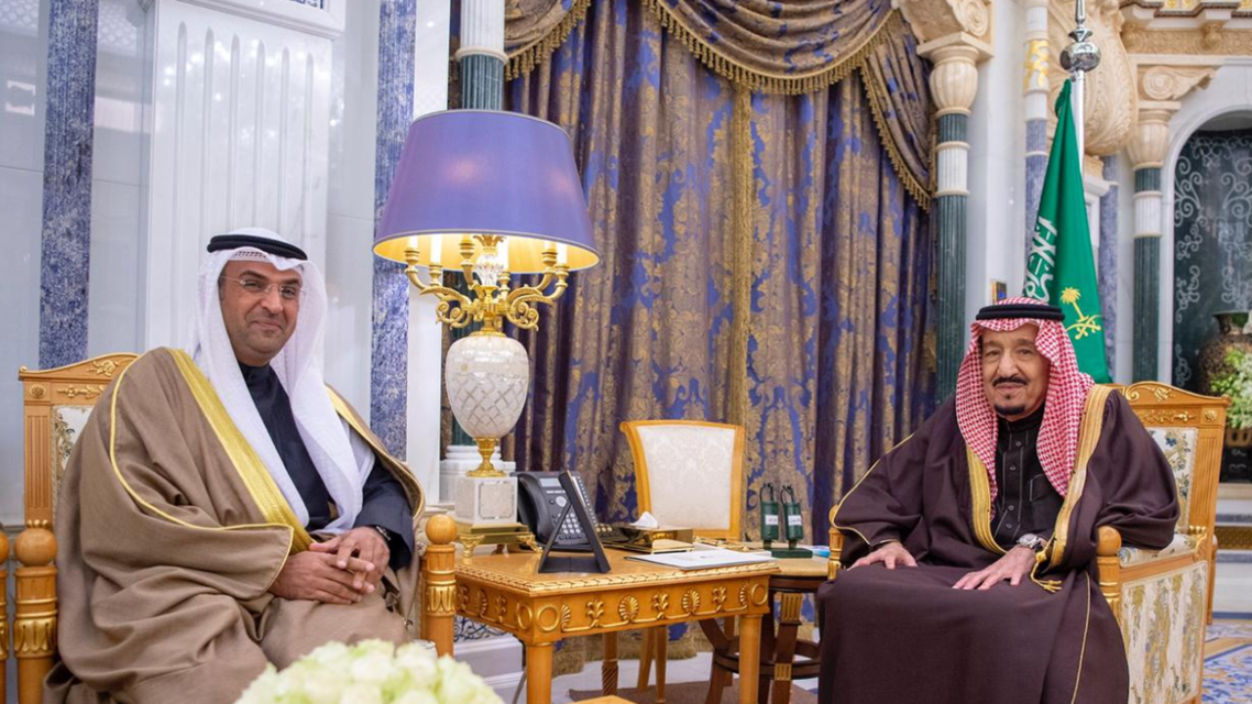 Saudi Arabia’s King Salman bin Abdulaziz meets with the Secretary-General of the Gulf Cooperation Council Nayef al-Hajraf. (SPA)