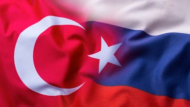 Russia and Turkey two flags together textile cloth fabric texture stock photo