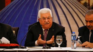 Palestinian president Mahmud Abbas gestures as he delivers a speech in the West Bank city of Ramallah on January 28, 2020, following the announcement by US President Donald Trump of the Mideast peace plan. (AFP)
