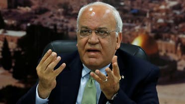 Chief Palestinian Negotiator Saeb Erekat gestures as he speaks to the media in Ramallah, in the Israeli-occupied West Bank July 1, 2019. Picture taken July 1, 2019. REUTERS/Mohamad Torokman