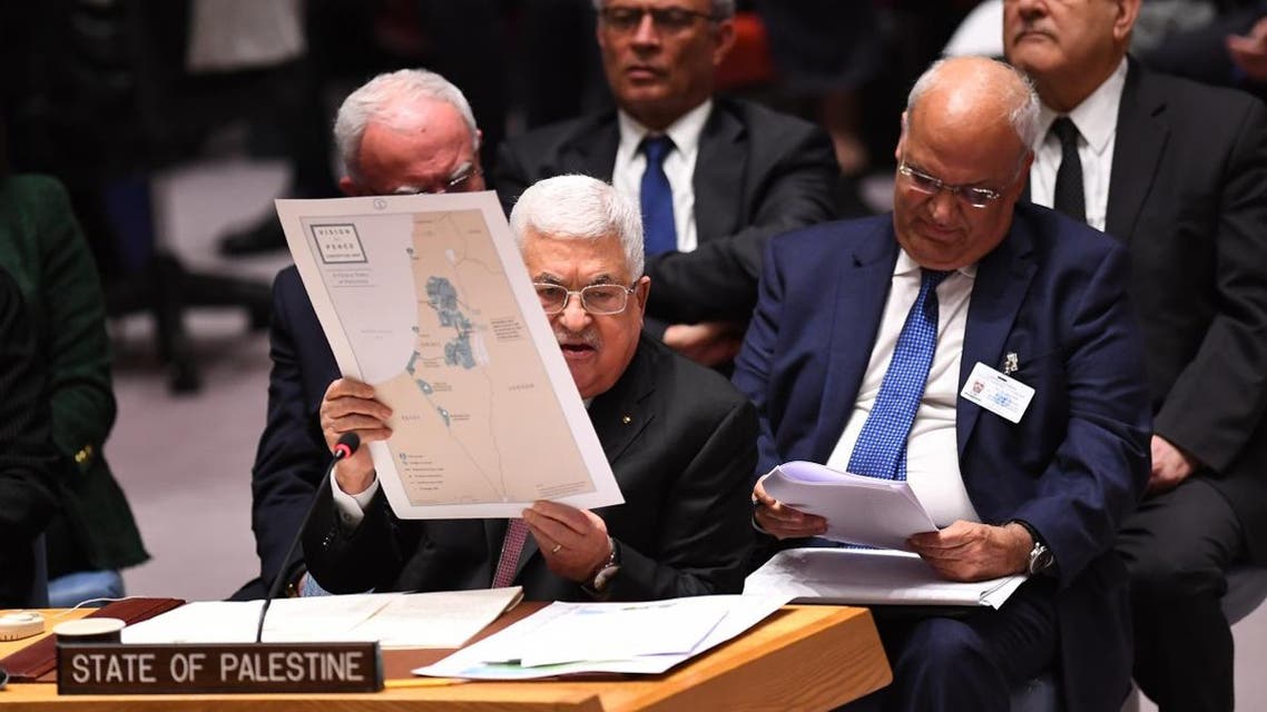 Palestinian President Mahmoud Abbas attends the UN Security Council at the United Nations headquarters on February 11, 2020 in New York. (AFP)