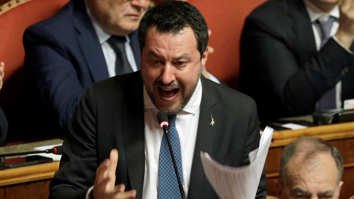 Opposition populist leader Matteo Salvini speaks at the Senate in Rome on Feb. 12, 2020. (AP)