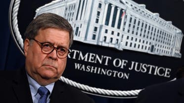 (FILES) In this file photo taken on January 13, 2020 US Attorney General William Barr holds a press conference regarding the December 2019 shooting at the Pensacola Naval air station in Florida at the Department of Justice in Washington, DC. (AFP)