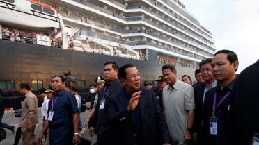 Cambodia’s Prime Minister Hun Sen welcomes the passengers and crews of MS Westerdam as it docks in Sihanoukville, Cambodia February 14, 2020. (Reuters)
