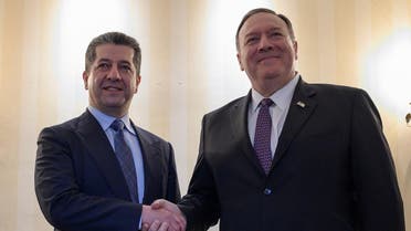 US Secretary of State Pompeo (R) shakes hands with Kurdistan Regional Government Prime Minister Barzani during the Munich Security conference in Munich on February 14, 2020. (AFP)