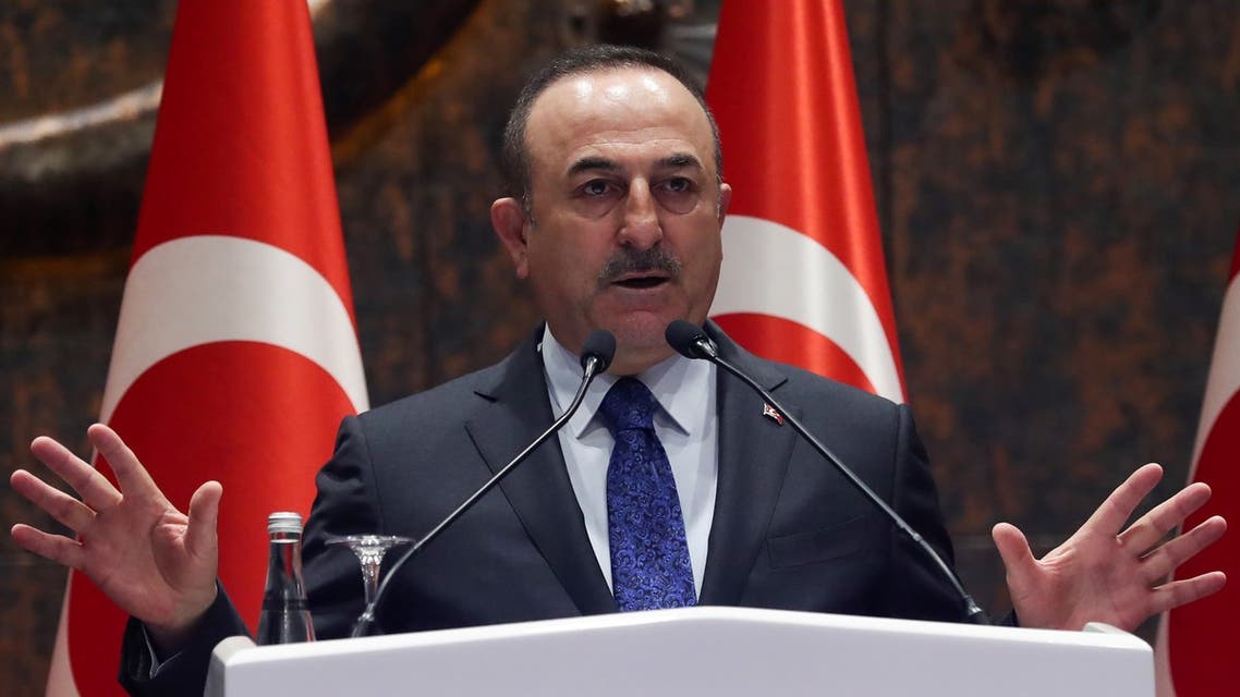 Minister of Foreign Affairs of Turkey Mevlut Cavusoglu delivers a speech on stage during the Asia Anew Initiative meeting in Ankara, on February 4, 2020.