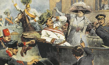 رسم تخيلي لحادثة اغتيال ولي عهد النمسا فرانز فرديناند