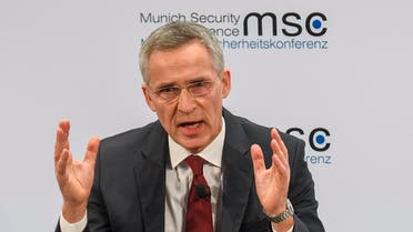 NATO Secretary General Jens Stoltenberg adresses the audience on the podium during the 56th Munich Security Conference (MSC) in Munich, southern Germany, on February 15, 2020. (AFP)