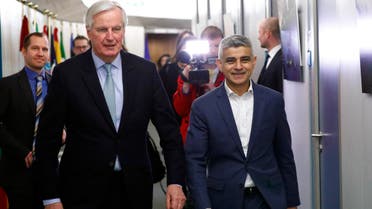 Michel Barnier, European Commission's Head of Task Force for Relations with the United Kingdom (L) walks next to Mayor of London Sadiq Khan at the EU Commission headquarters in Brussels, Belgium, on February 18, 2020.