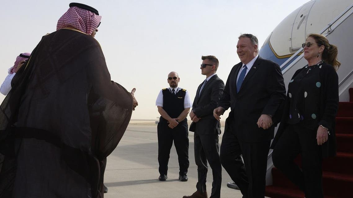  US Secretary of State Mike Pompeo and his wife Susan are met by a member of Saudi protocol as they arrive at the King Khalid International Airport in the Saudi capital Riyadh on February 19, 2020. (AFP)