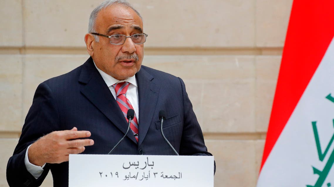 Iraq's Prime Minister Adel Abdul Mahdi speaks during a joint statement with French President at the Elysee Palace in Paris, on May 3, 2019.