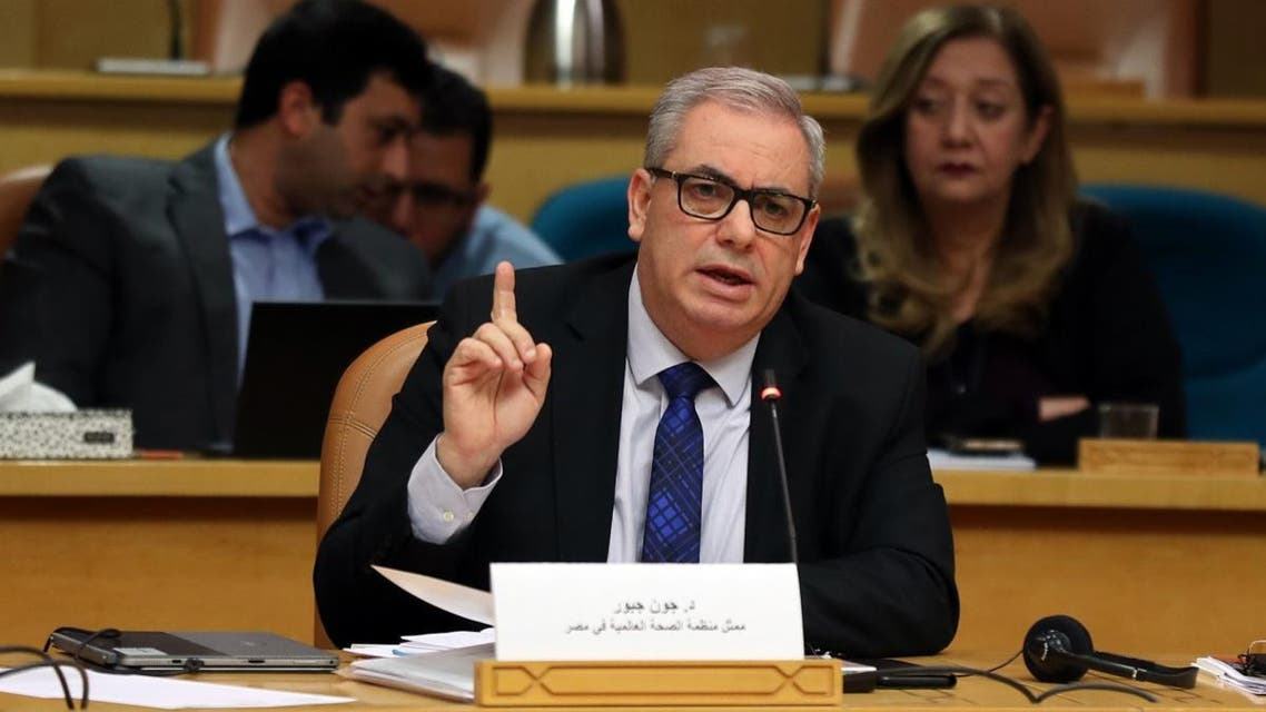 John Jabbour, the WHO’s representatine in Egypt, speaks during a press briefing at the World Health Organization’s regional office in the Egyptian capital Cairo on February 19, 2020, following the outbreak of the deadly coronavirus. (AFP)