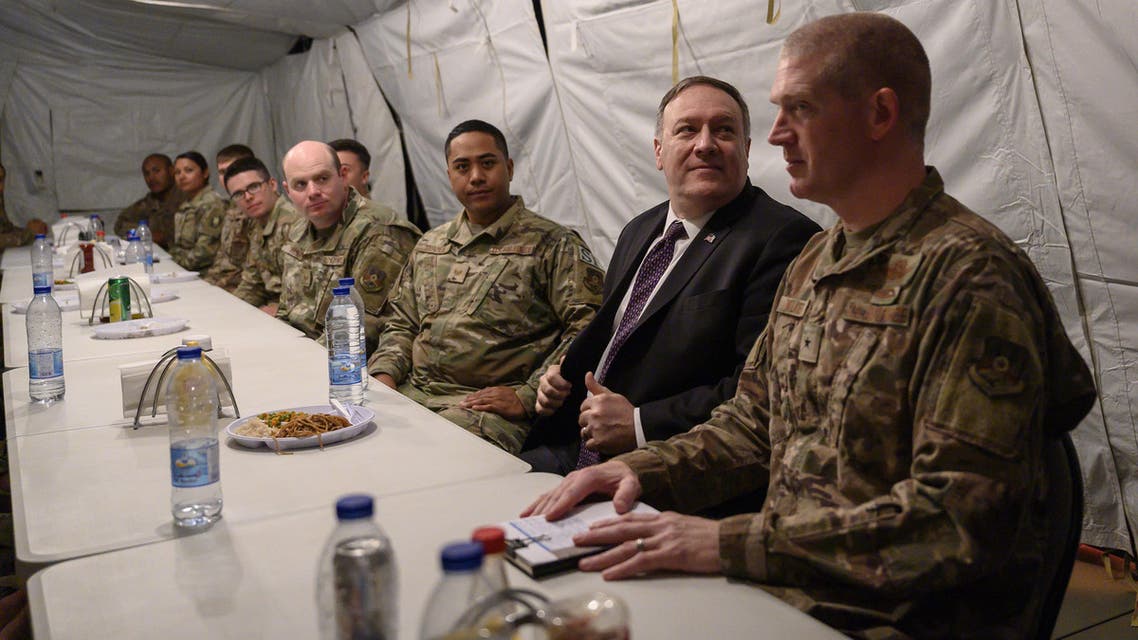 U.S. Secretary of State Mike Pompeo shares lunch at the mess with members of the military as he visits the Prince Sultan air base in Al-Kharj, Saudi Arabia February 20, 2020. Andrew Caballero-Reynolds/Pool via REUTERS