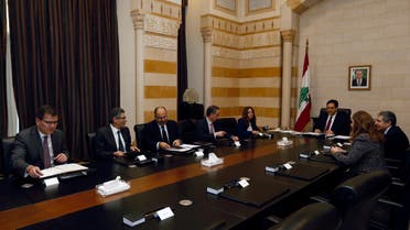 Lebanese Prime Minister Hassan Diab and officials meet with a team of IMF experts at the government palace in Beirut, Lebanon February 20, 2020. (Reuters)