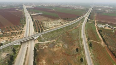 An aerial picture taken on January 29, 2020, shows the instersection of the M4 and M5 international highways that go through Saraqeb in Syria's northwestern province of Idlib. (AFP)