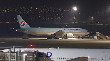 A Korean airplane which arrived from South Korea is pictured after landing at Ben Gurion International Airport on February 22, 2020. (AFP)