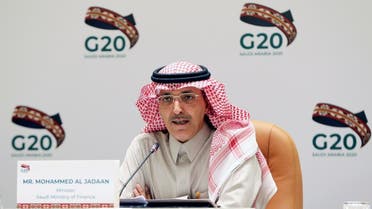 Saudi Minister of Finance Mohammed al-Jadaan speaks during a media conference with Saudi Arabia's central bank governor Ahmed al-Kholifey, in Riyadh, Saudi Arabia, February 23, 2020. (Reuters)