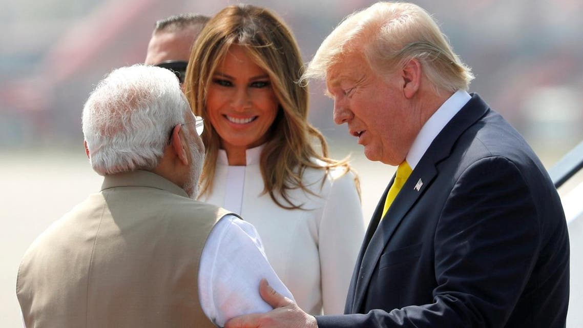 US President Donald Trump and first lady Melania Trump are welcomed by Indian Prime Minister Narendra Modi in Ahmedabad, India February 24, 2020. (Reuters)