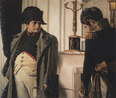 لوحة لنابليون وتبدو ملامح الحزن والقلق بادية على وجهه بسبب خسائره بروسيا
