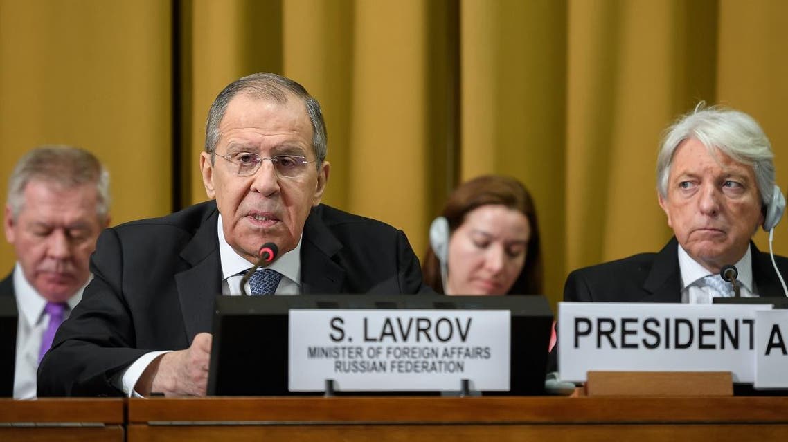 Russian Foreign Minister Serguei Lavrov (L) addresses the UN Conference on Disarmament on February 25, 2020 in Geneva. (AFP)
