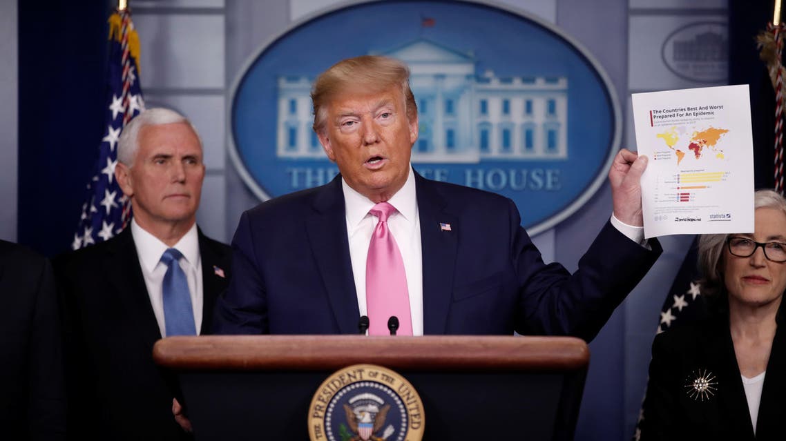 US President Donald Trump holds a document as he gives a news conference about the coronavirus at the White House in Washington, US, February 26, 2020. (Reuters)
