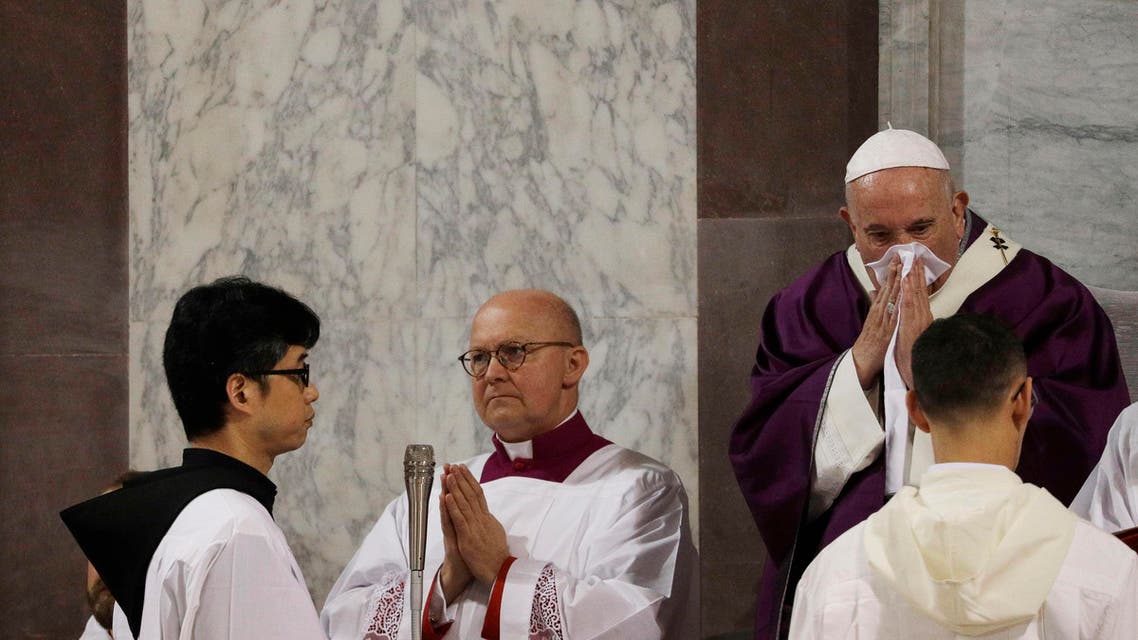 In this Wednesday, Feb. 26, 2020 file photo Pope Francis wipes his nose during the Ash Wednesday Mass opening Lent. (AP)