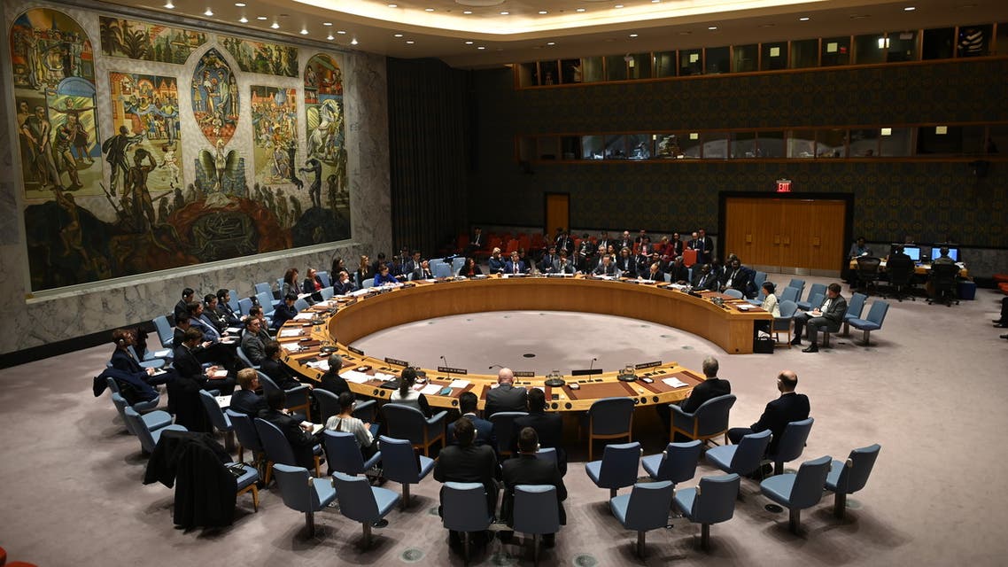 German Foreign Minister Heiko Maas (C) speaks at a UN Security Council meeting at United Nations headquarters in New York on February 26, 2020.