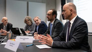 Swiss Federal Councillor and Health Minister Alain Berset, front, speaks at a meeting of the taskforce of the Federal Office of Public Health on the prevention of the further spread of the coronavirus COVID-19, on February 28, 2020 in Bern. (AFP)