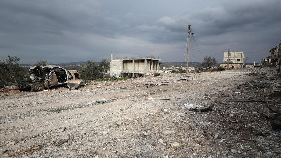 A picture taken on February 28, 2020 shows the wreckage of a Turkish vehicle at the site of regime air strikes in the village of Balyun in Syria's northwestern Idlib province. (AFP)