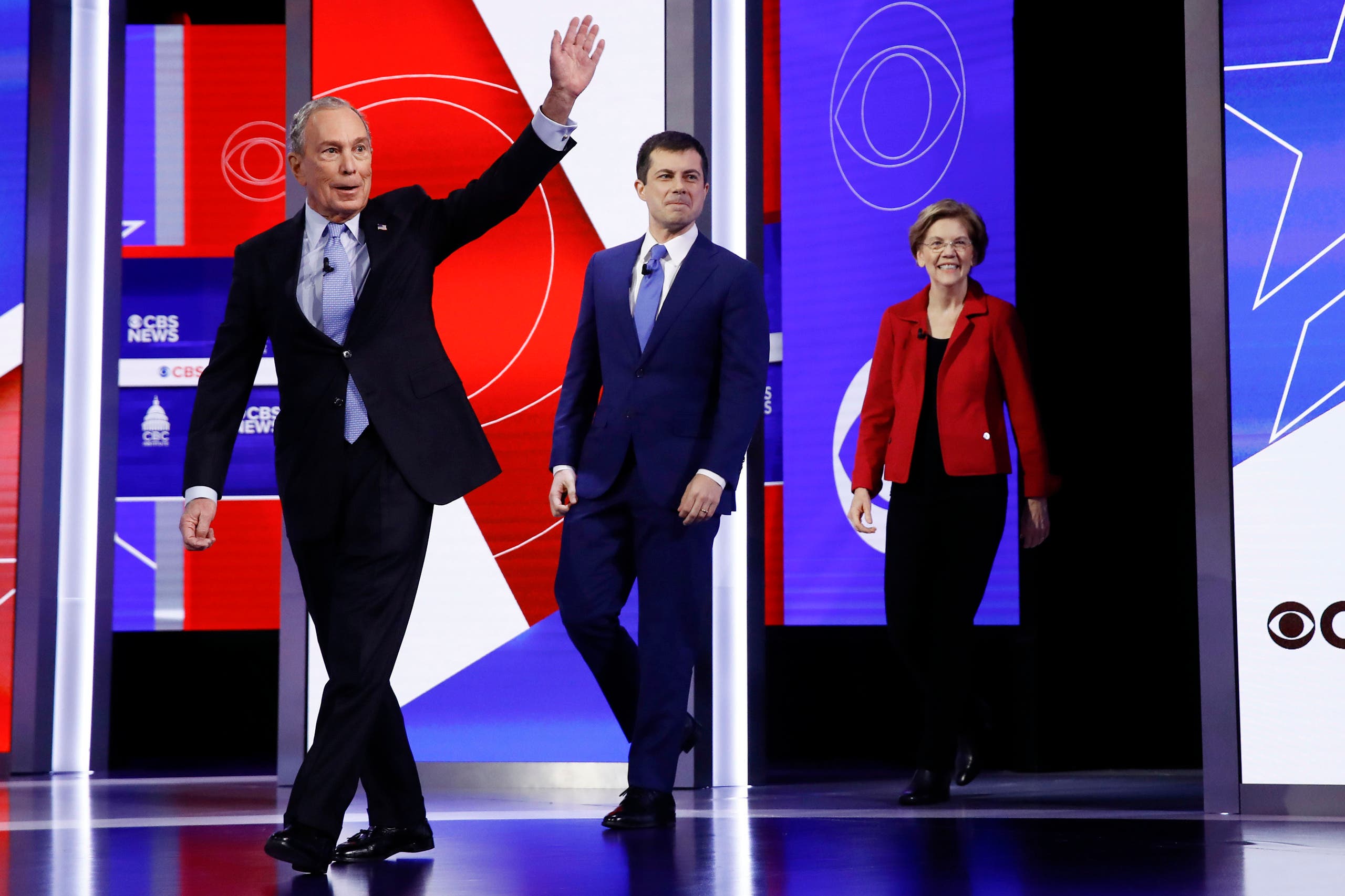 Democratic presidential candidate former New York City Mayor Mike Bloombergwalks onto the stage at the Democratic presidential primary debate on Feb. 25, 2020. (AP)