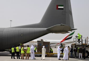 Tonnes of medical equipment and coronavirus testing kits provided bt the World Health Organisation are pictured at the al-Maktum International airport in Dubai on March 2, 2020. (AFP)